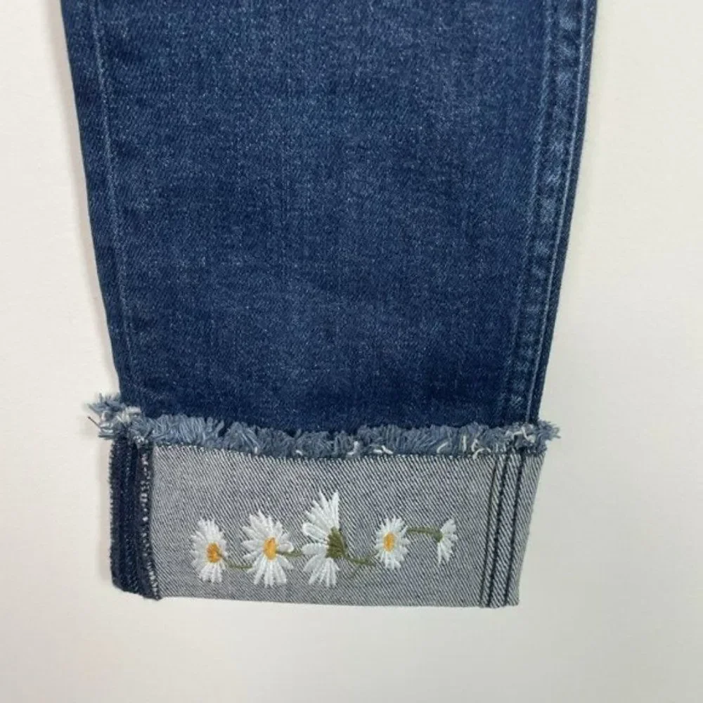 Ted Baker Pralina Daisy Floral Embroidered Raw Hem Ankle Jean Dark Wash 25